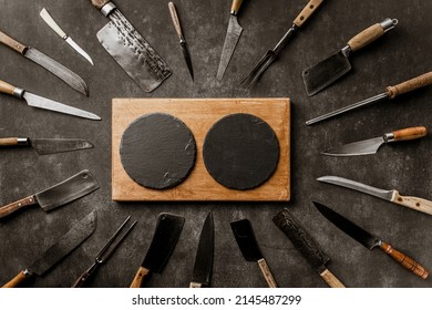 Vintage Cooking Utensils On Dark Concrete Tabletop. Kitchen Background