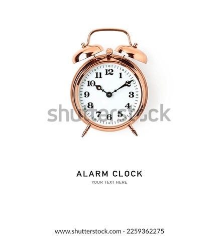 Vintage copper alarm clock. Single object isolated on white background. Creative layout. Design element. Flat lay, top view