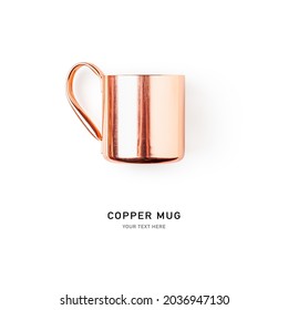 Vintage Copper Mug With Handle Isolated On White Background. Flat Lay, Top View. Design Element
