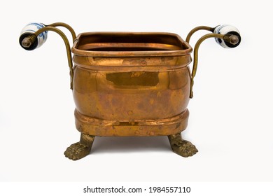 Vintage Copper Planter With Brass Feet And Handles And Ceramic, Square