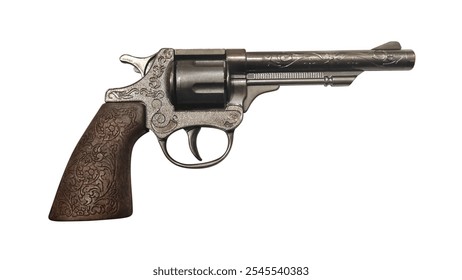 Vintage cowboy revolver with patterned grip is isolated on a white background. Firearm vintage gun.