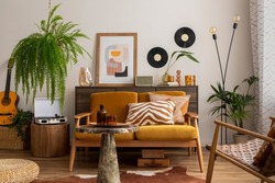 Vintage And Cozy Space Of Dining Room With Mock Up Poster Frame, Yellow Sofa, Wooden Coffee Table, Guitar, Plants, Commode, Decoration And Personal Accessories. Stylish Home Decor. Template.	