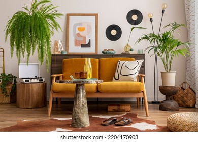 Vintage and cozy space of dining room with mock up poster frame, yellow sofa, marble coffee table, guitar, plants, commode, decoration and personal accessories. Stylish home decor. Template.	