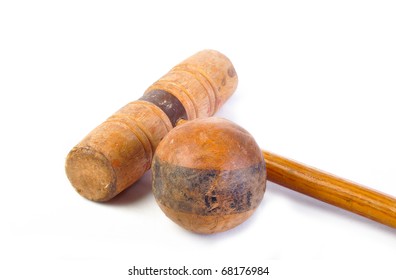 Vintage Croquet Mallet And Ball Isolated On White