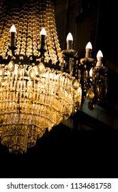 Vintage Crystal Chandelier Luxury Light As Part Of Rich Glamour Interior Design , Detail With City Reflections