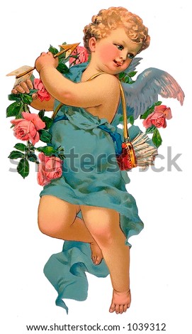 A vintage cupid illustration with flowers and arrows (circa 1885)