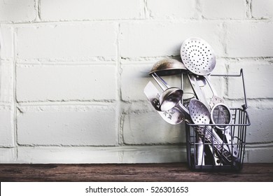 Vintage Cutlery On Rustic Wooden Background/ Vintage Kitchen Utensils For Cooking 