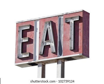 Vintage Decayed Neon Eat Sign Isolated.