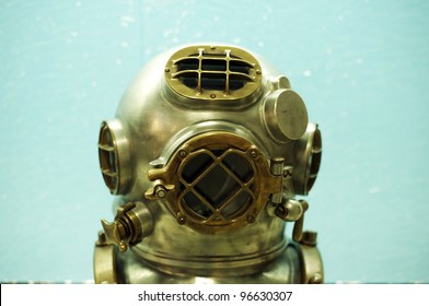 Vintage Deep Sea Diver Metal Helmet. Vintage Diving Equipment. Horizontal Photography.