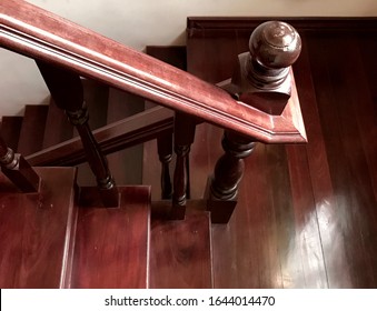 Vintage Design Of Hand Railing And Staircase In Asian House. Home Banister With Red Wood Material.