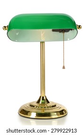 Vintage desk lamp with green glass shade isolated over white background - With clipping path