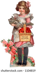 A vintage die-cut Valentine illustration of girl with a basket of hearts and a cat (greeting card entitled, ''From Your Valentine") circa 1885