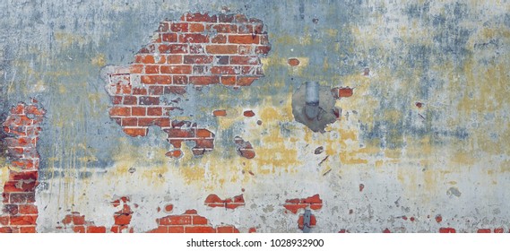 Vintage Distressed Red Brick Wall With Graffiti Urban Street Art Rough Wide Texture Or Grunge Background. Worn Concrete Wall With Painted Lines And Drawing. Grungy Web Banner.