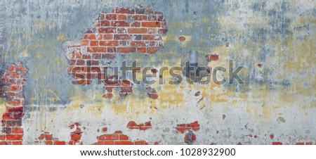 Vintage Distressed Red Brick Wall With Graffiti Urban Street Art Rough Wide Texture Or Grunge Background. Worn Concrete Wall With Painted Lines And Drawing. Grungy Web Banner.