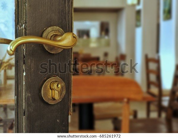 Vintage Door Handle On Old Wooden Vintage Interiors Stock
