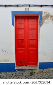 Vintage Double Door In Arronches, Portalegre, Portugal. Aged Authentic Entrance In Downtown District