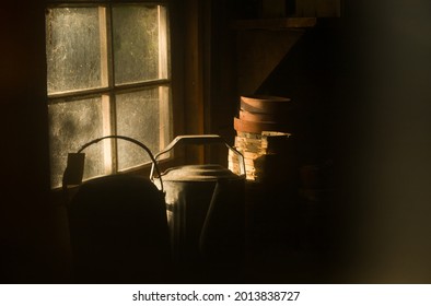 Vintage Dramatic Background. Dirty Window Inside Old Wood House. Sun Lights, Household Item, Web On Glass. Ghost Horrified Cabin. 