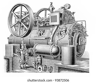 Vintage Drawing Of A Agriculture - Industrial Steam Engine Machine - Picture From Meyers Lexicon Books Collection (written In German Language ) Published In 1908 , Germany.