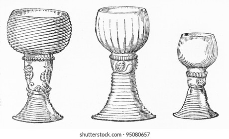 Vintage Drawing Of Ancient Rome Wine Glasses - Picture From Meyers Lexicon Books Collection (written In German Language ) Published In 1909 , Germany.