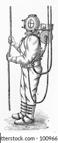 Vintage drawing diving suit from the beginning 20th century    Picture from Meyers Lexicon books collection (written in German language) published in 1908  Germany 