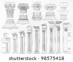 Vintage drawing representing the ancient order of columns - Picture from Meyers Lexicon books collection (written in German language) published in 1906, Germany.
