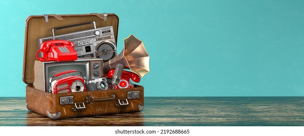 Vintage electrical   electronic appliances in an old suitcase  Nostalgic retro objects from the past 1960s    1980s green backgound  3d illustration