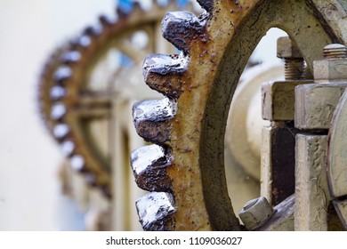 Vintage elevator gear, winch, cable, large gears for backdrop