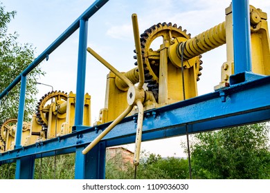 Vintage elevator gear, winch, cable, large gears for backdrop