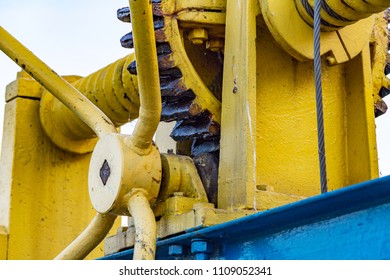 Vintage elevator gear, winch, cable, large gears for backdrop