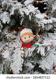 Vintage Elf Toy Hanging On White Christmas Tree