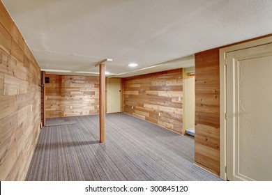 Vintage Empty Basement Room With Carpet.