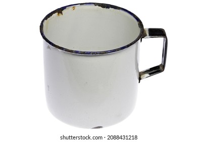 Vintage Enamel Mug Isolated On White Background