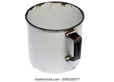 Vintage Enamel Mug Isolated On White Background