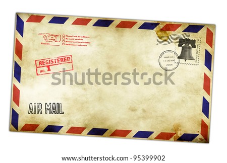 Vintage envelope with USA stamps isolated on white.