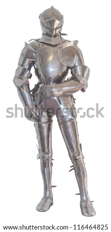 A vintage european full body armor suit isolated against white background.
