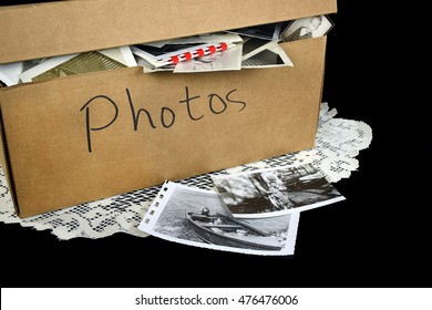 Vintage Family Photos In Generic Brown Cardboard Box On Lace Doily