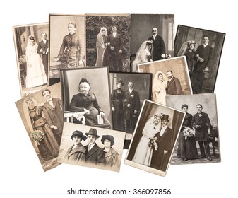 Vintage family and wedding photos. Nostalgic sentimental pictures on white background