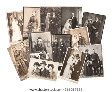 Vintage family and wedding photos. Nostalgic sentimental pictures on white background