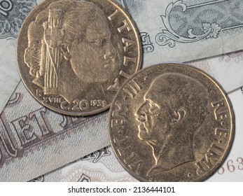 Vintage fascist Italy Lira coins, depicting king Vittorio Emanuele