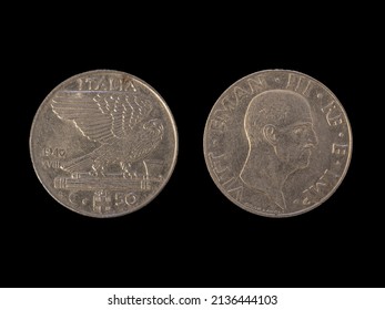 Vintage fascist Italy Lira coins, depicting king Vittorio Emanuele
