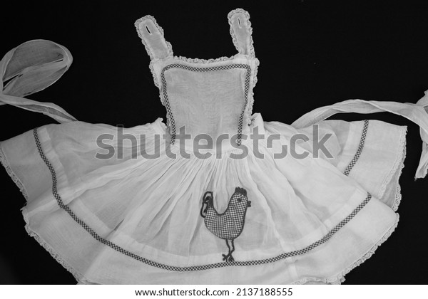 Vintage Fashion 1950s Sheer\
Organdy Dress Apron With Gingham and Lace Trim in Black and White\
Photo