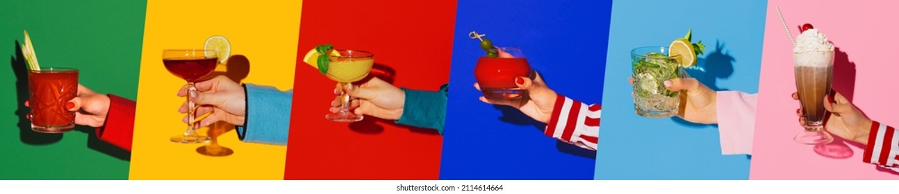 Vintage fashion style. Horizontal flyer with female hands holding glasses with different alcoholic drinks on vivid colors background. Martini, mojito, bloody mary and manhattan cocktails. - Powered by Shutterstock