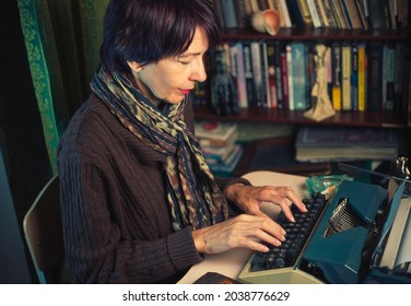 Vintage Female Writer Reporter Working Behind His Desk