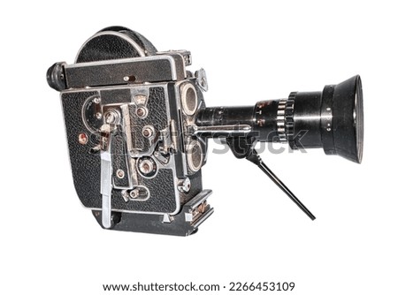 Vintage film camera, 16mm, 1950s on white background