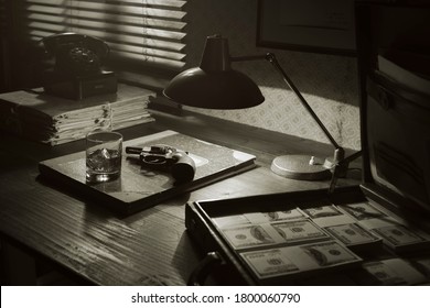 Vintage Film Noir Style Desktop With Revolver, Drink And Open Briefcase Full Of Cash Money: Mafia, Crime And Thriller Concept