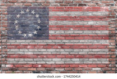 vintage first american flag on old brick wall