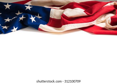 A vintage flag of the United States of America on white with copy space
