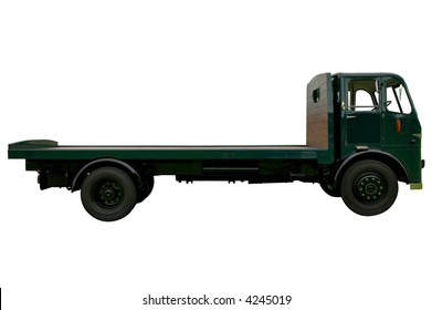 Vintage flatbed lorry, isolated on white.