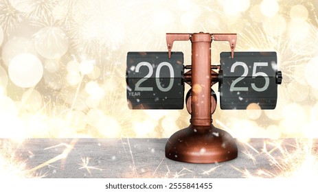 Vintage flip clock shows year 2025 on gold background with fireworks and lights. New Year 2025 card. Celebration of New Year - Powered by Shutterstock