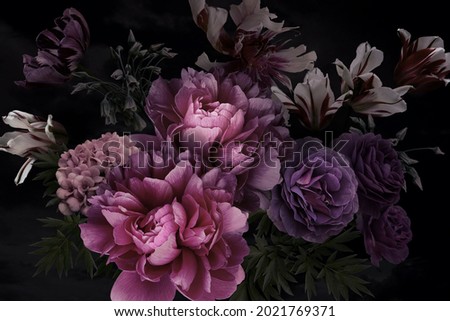 Vintage Floral Card Beautiful Garden Flowers. Peonies, Roses, Tulips Leaves, Decorative Herbs on Black Background. Template Business Cards, Covers, Cosmetics Packaging, Interior Decoration, Phone Case